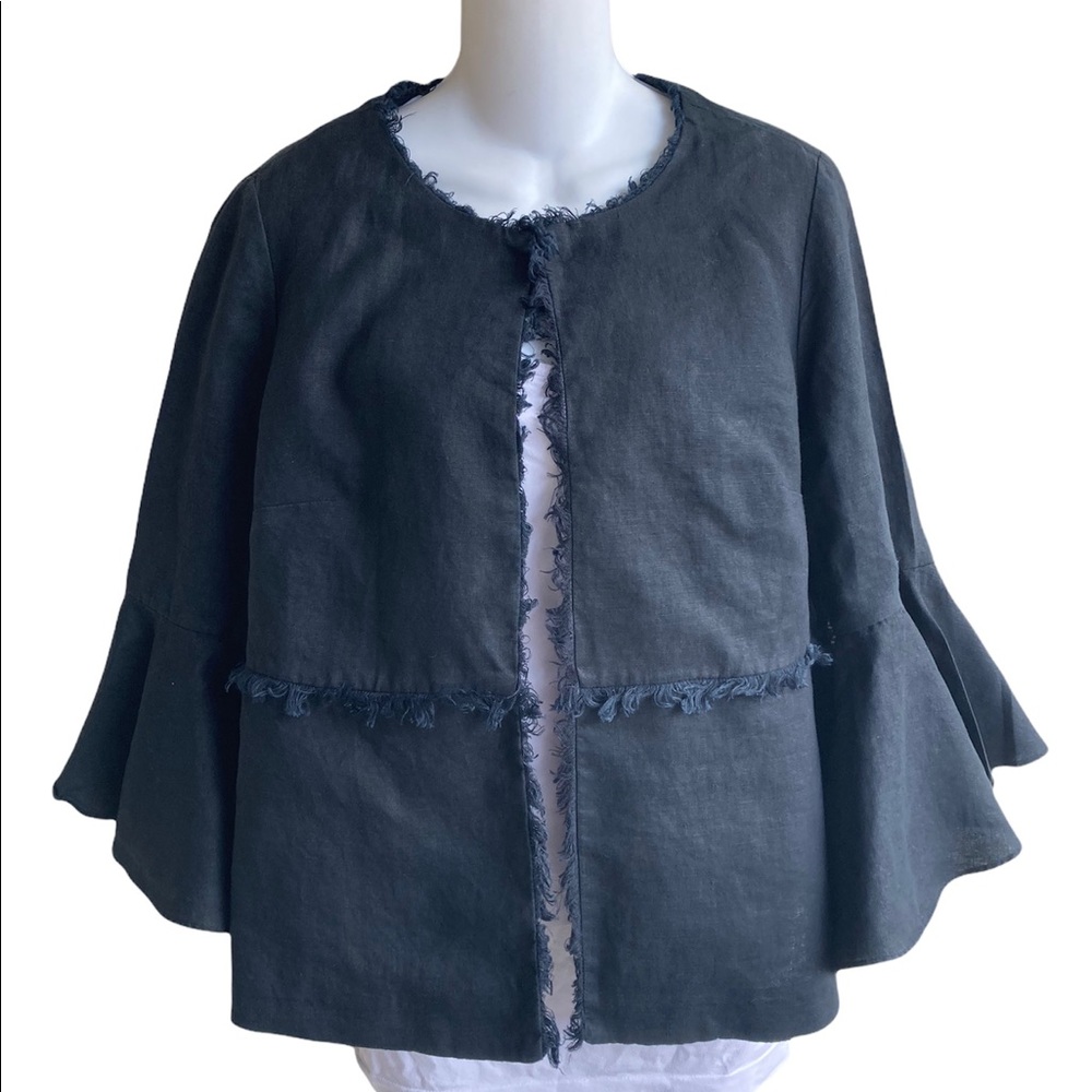 Chico's Black 3/4 Bell Sleeve Fringe Trim Linen Jacket Chico's Size 0 Small